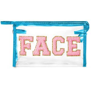 Clear Face Makeup Bag - Preppy Pink Face Chenille Varsity Letter Cosmetic Bag✋